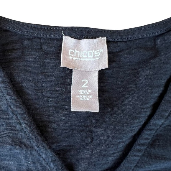 Chico’s Embroidered Lace Sleeve Black V-Neck Shift Dress Cotton Slub Pockets 12 - Picture 13 of 15